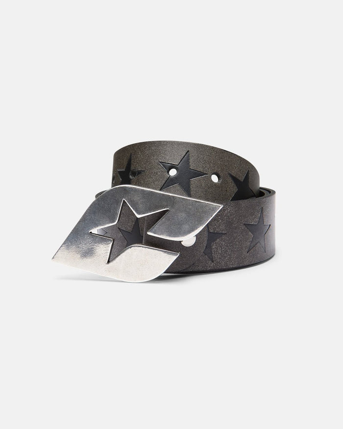 AIRLINES LEATHER BELT BEIGE - beige star detail leather belt, front view - Cold Culture