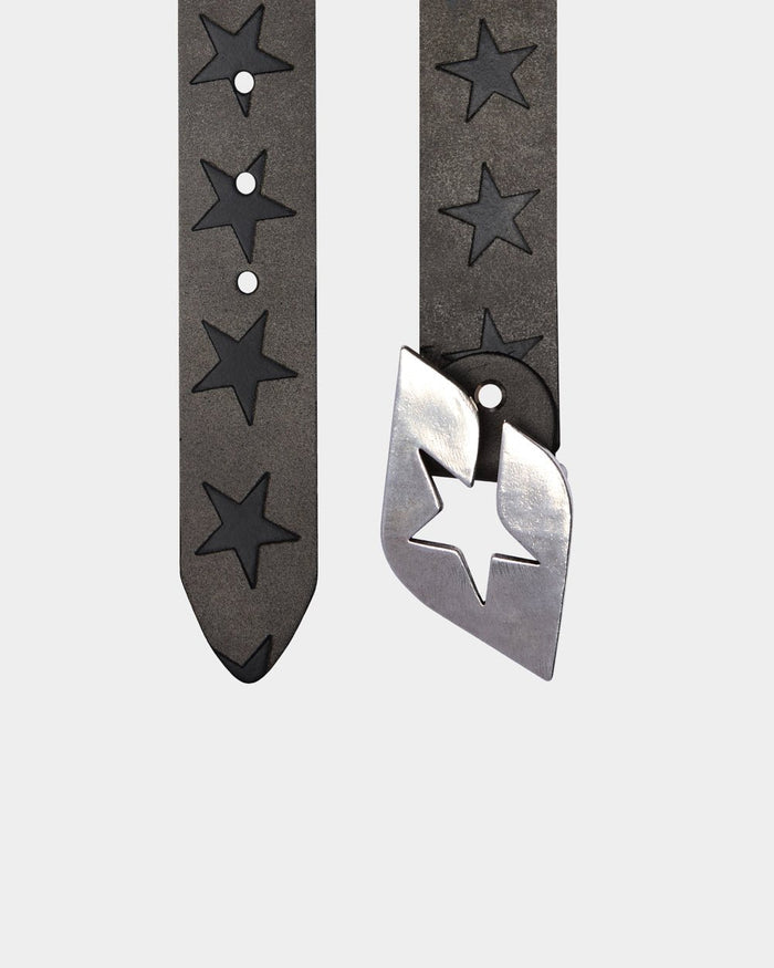 AIRLINES LEATHER BELT BEIGE - beige star detail leather belt, flat lay - Cold Culture
