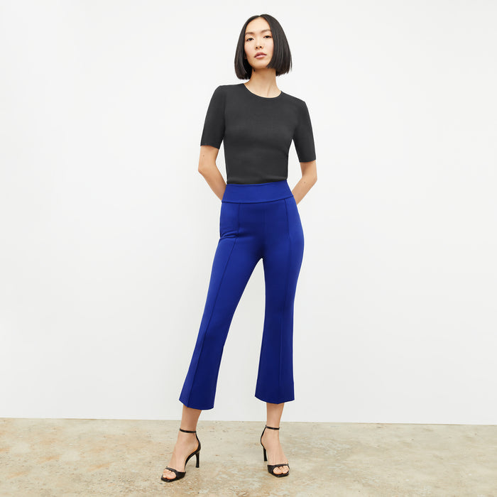 front image of a woman wearing the allyn pants in electric blue | Lead