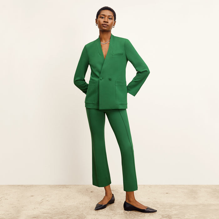 front image of a woman wearing the allyn pants in shamrock | Lead