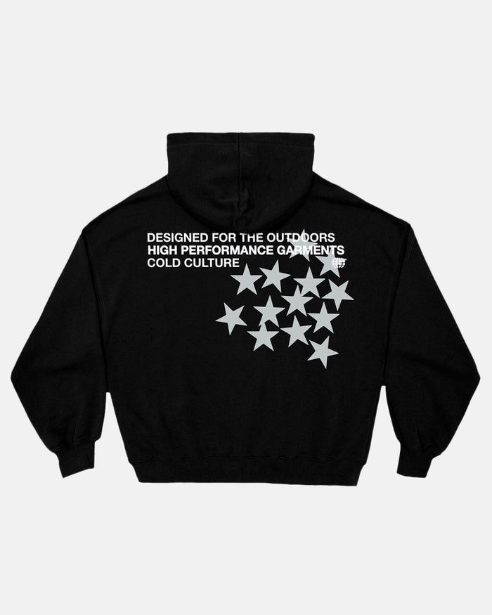 ASTRO HOODIE BLACK - black star print hoodie, back view - Cold Culture