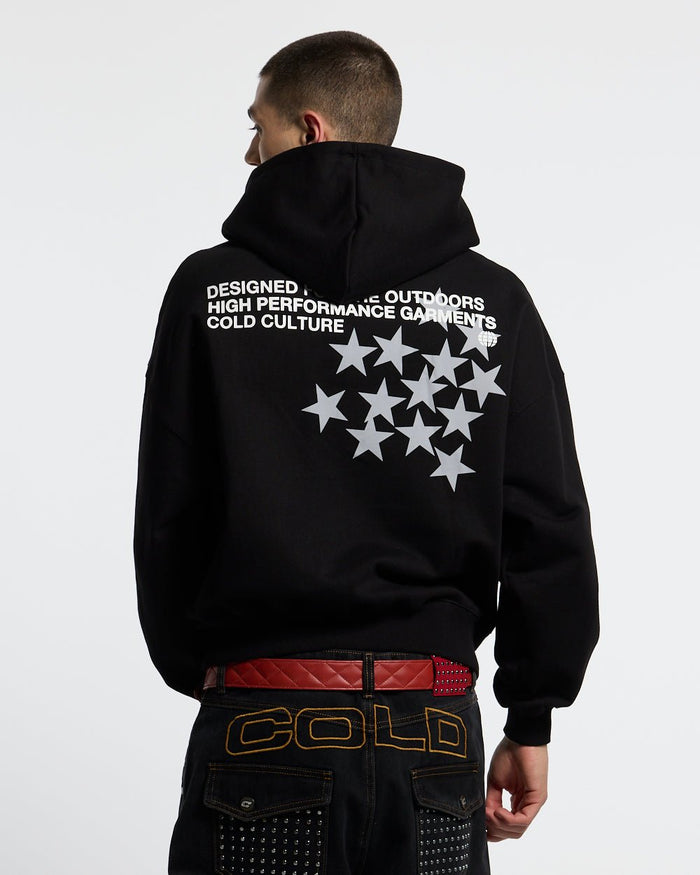 ASTRO HOODIE BLACK - black star print hoodie, back view on male model - Cold Culture #man