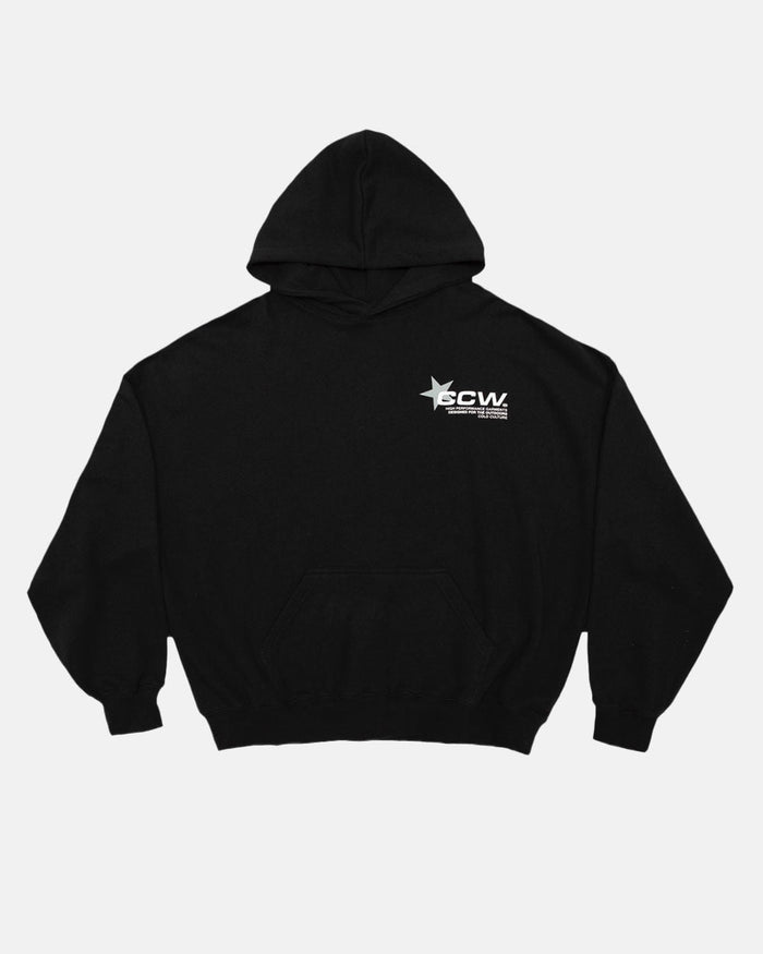 ASTRO HOODIE BLACK - black star print hoodie, front view - Cold Culture