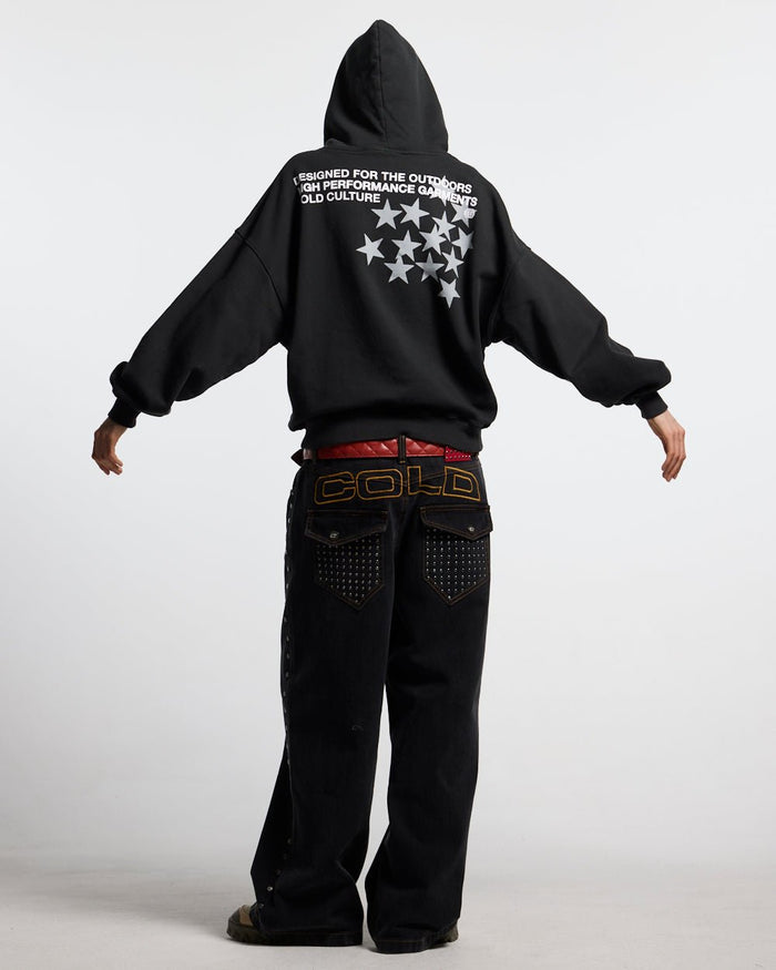 ASTRO HOODIE BLACK - black star print hoodie, back view on male model - Cold Culture #man