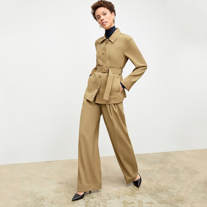 front image of a woman wearing the avelyn jacket in macaroon