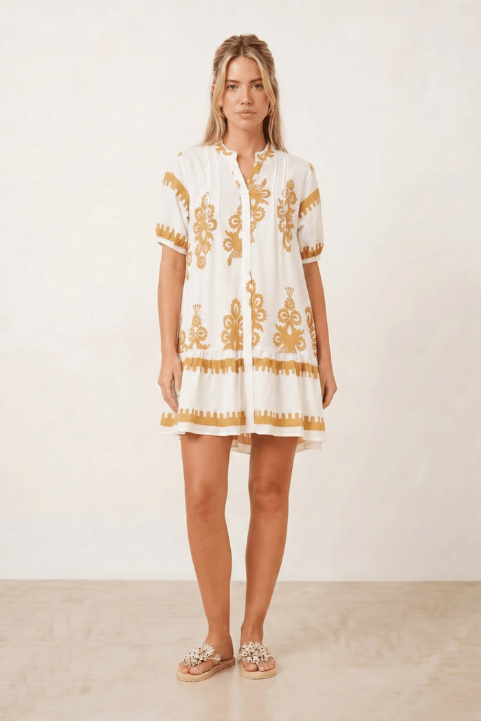 Beige and White Placement Print Mini Dress - Style Cheat