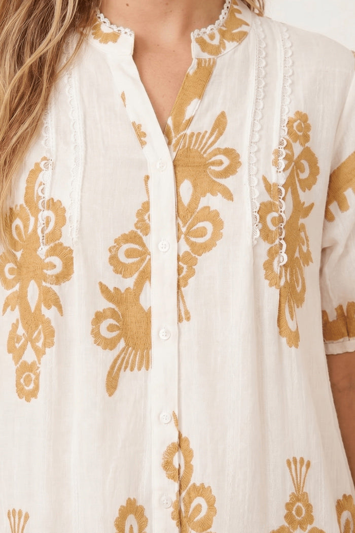 Beige and White Placement Print Mini Dress - Style Cheat