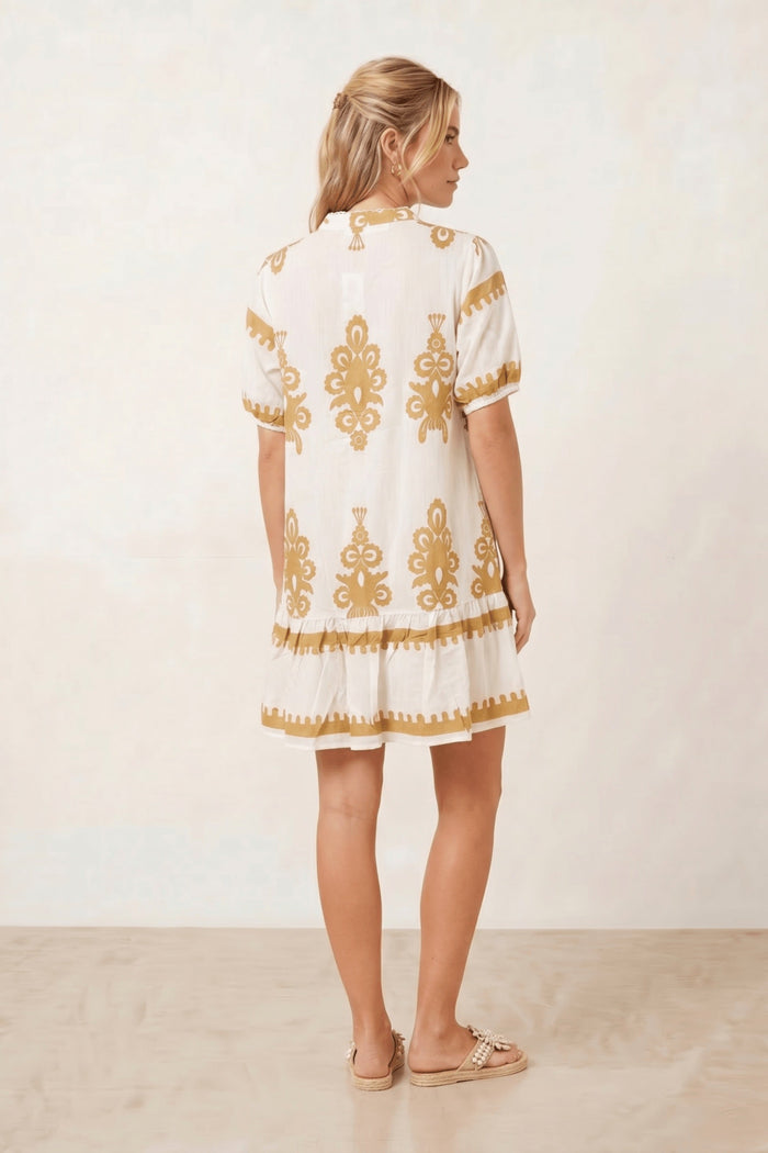 Beige and White Placement Print Mini Dress - Style Cheat
