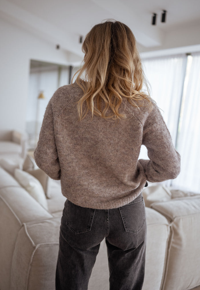 Beige sweater gold shoulder button detail
