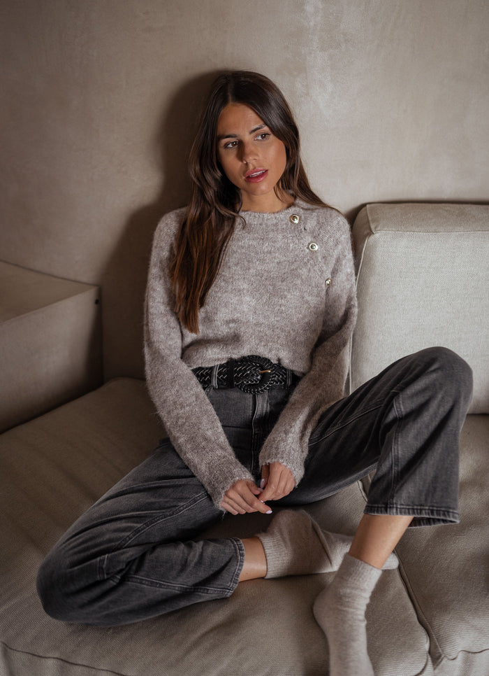 Beige knit sweater mockneck detail