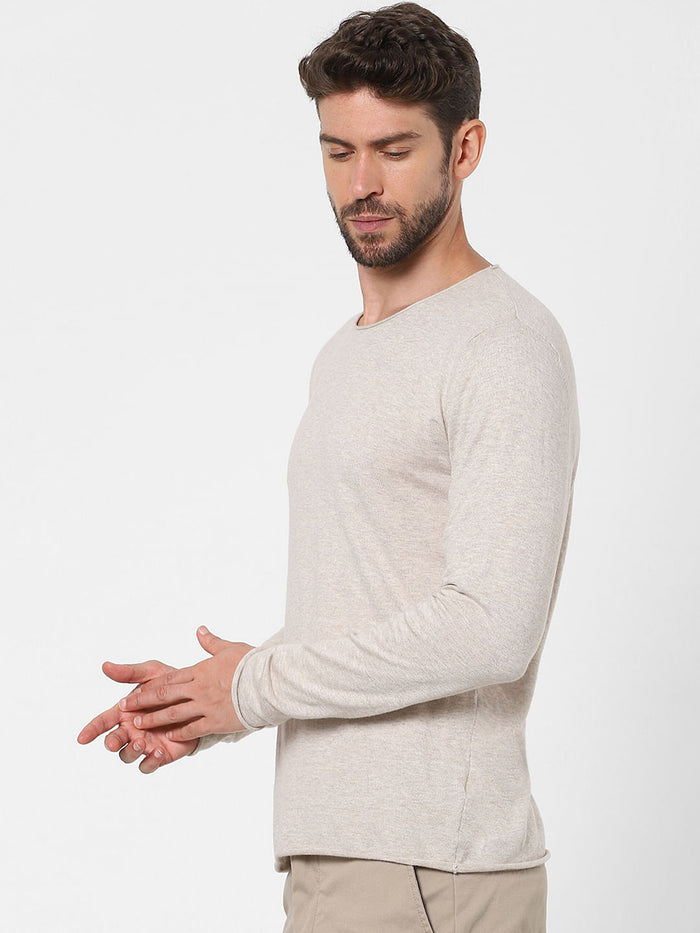 Beige Full Sleeves Crew Neck T-Shirt