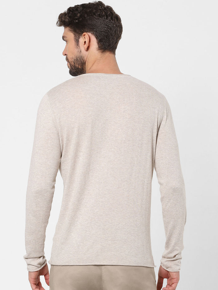 Beige Full Sleeves Crew Neck T-Shirt