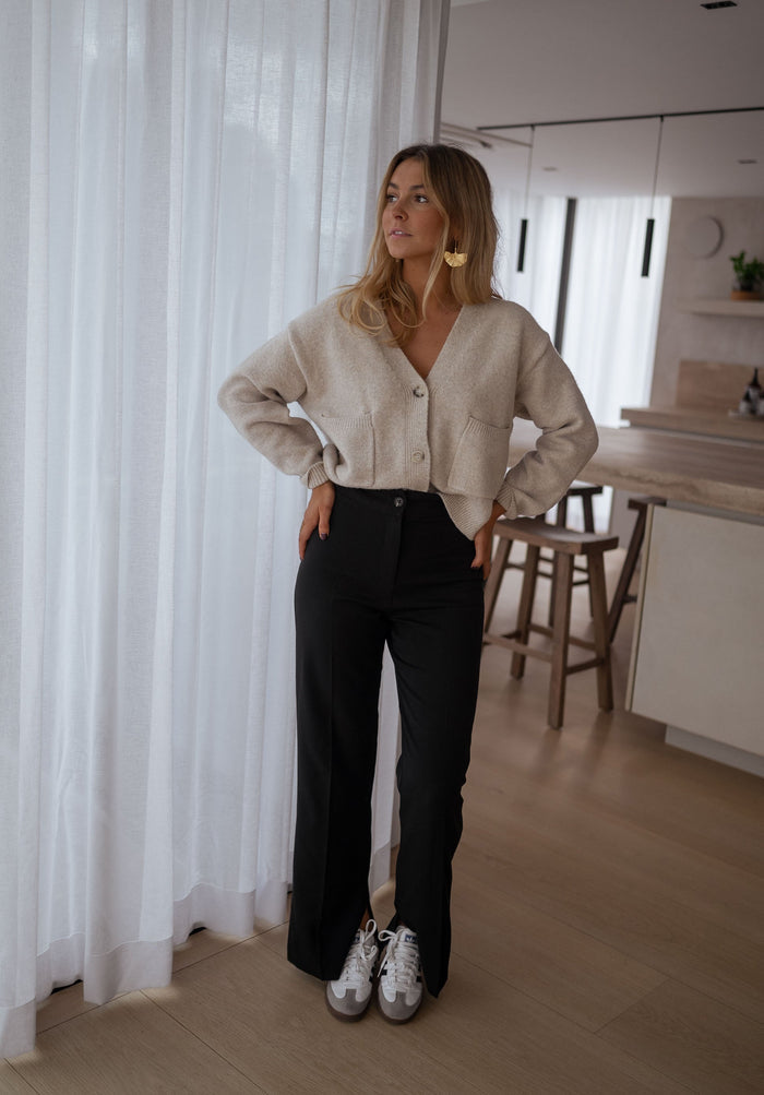 Beige knit cardigan styled look