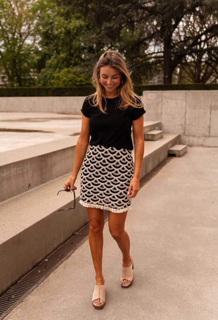 Black and ecru crochet Teresa mini skirt, front view