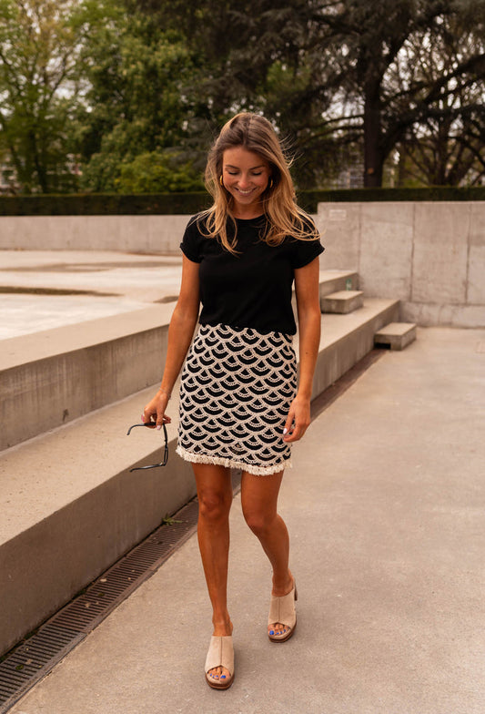 Black and ecru crochet Teresa mini skirt, front view