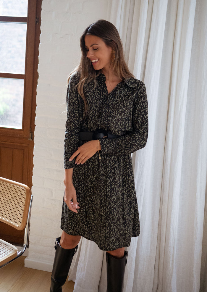Black green print shirt styled with skirt