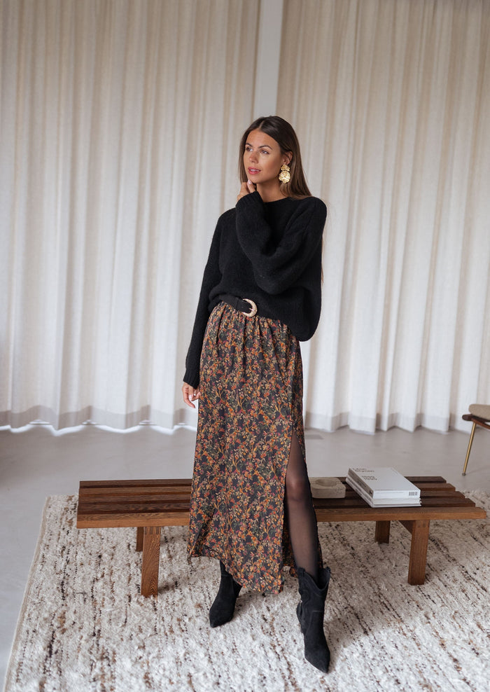 Dark floral skirt styled look