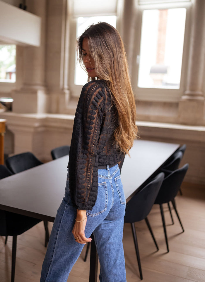 Front view of black openwork lace blouse
