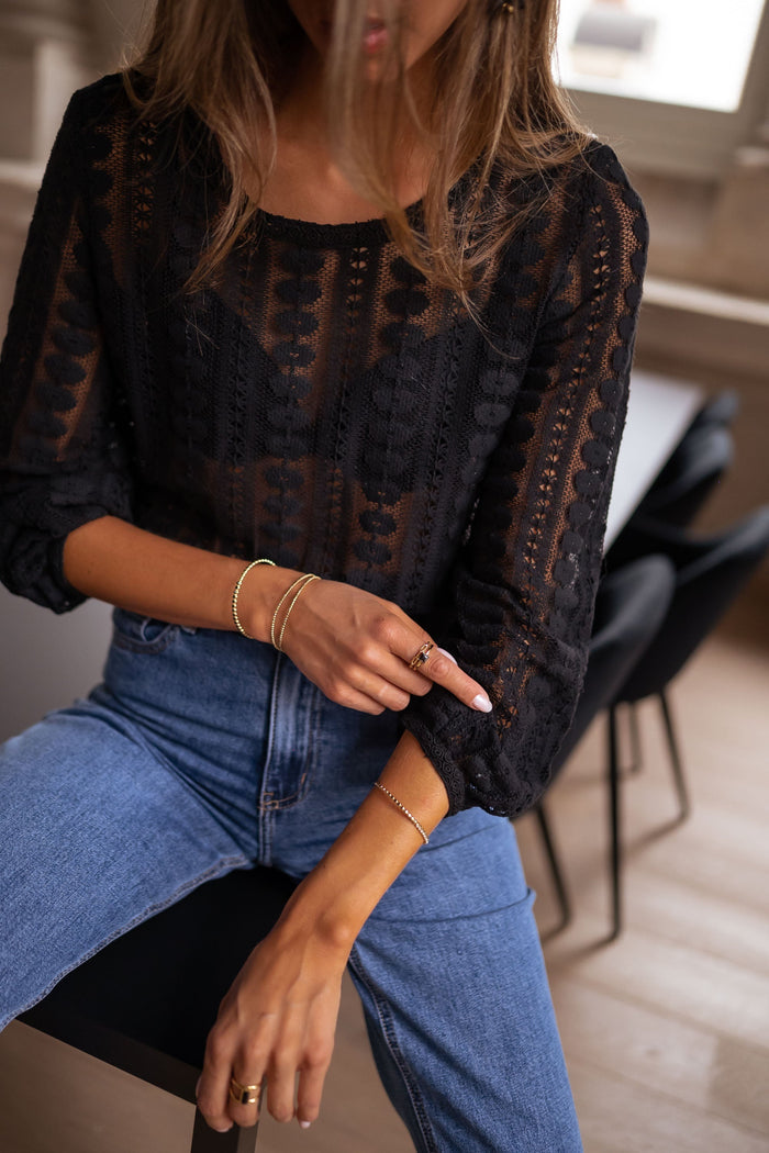 Black lace blouse round collar detail