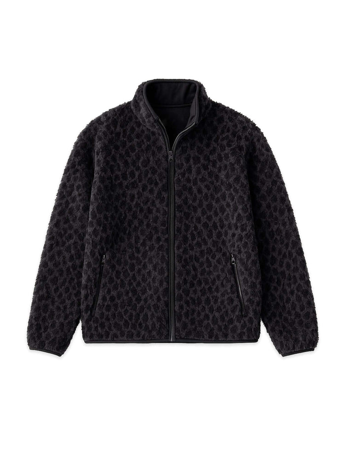 Éclectique black leopard fleece jacket front view