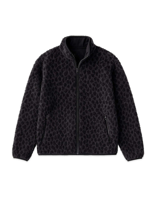 Éclectique black leopard fleece jacket front view