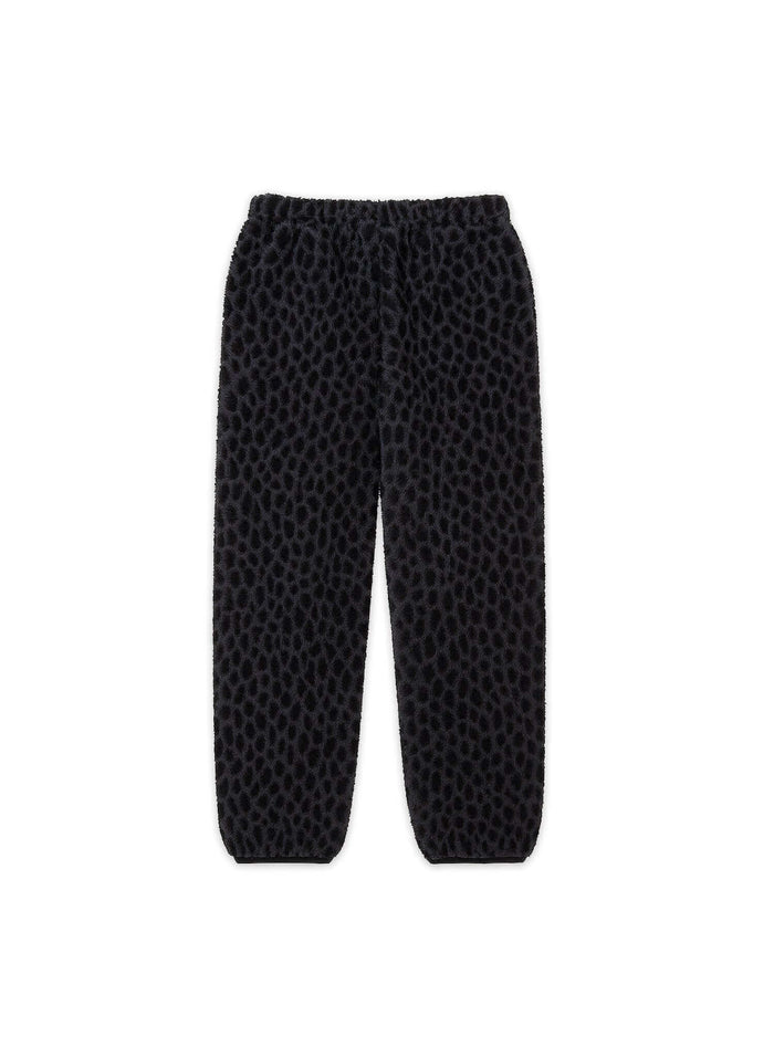 Black Leopard fleece pants featuring a cozy design and tapered silhouette for casual and comfortable wear.
