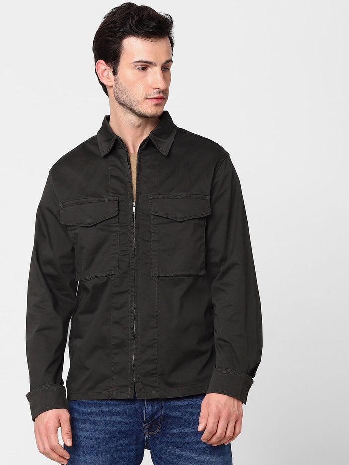 Black Organic Cotton Zip Up Jacket