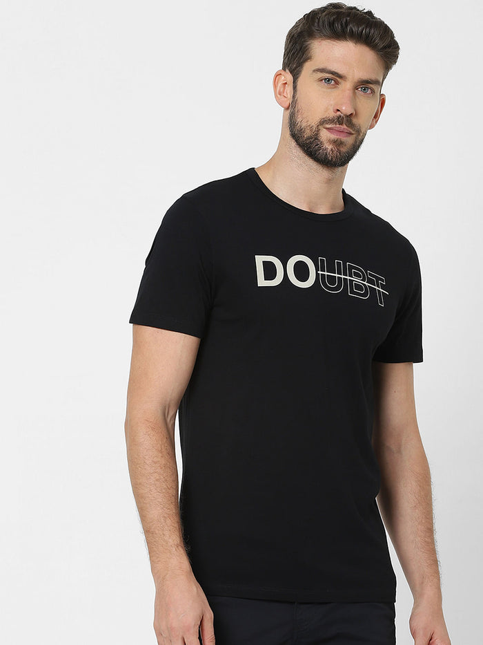 Black Text Print Crew Neck T-Shirt