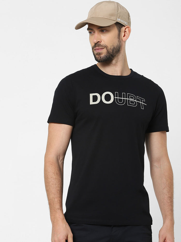 Black Text Print Crew Neck T-Shirt