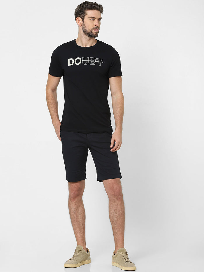 Black Text Print Crew Neck T-Shirt