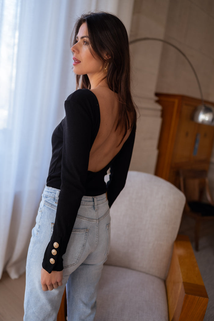 Black Yael long-sleeve bodysuit styled outfit