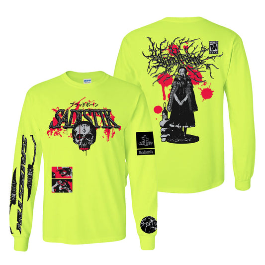 Sadistik Safety Green long-sleeve shirt in neon yellow with bold black and red graphics. Classic fit features a skull, text, and images on the front; gothic figure and dark text on the back; plus sleeve graphics.