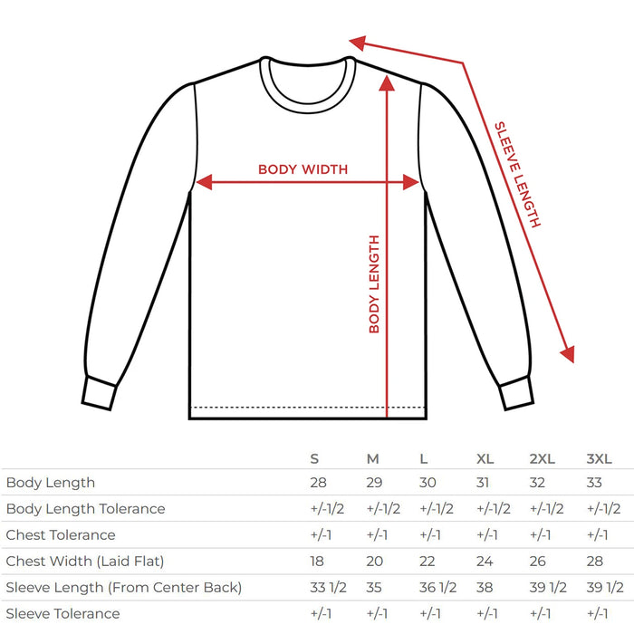 Line drawing of a Sadistik long-sleeve classic fit shirt with arrows for body and sleeve measurements. Below, a size chart from S to 3XL helps you find your fit. Shown in Safety Green heavyweight fabric.