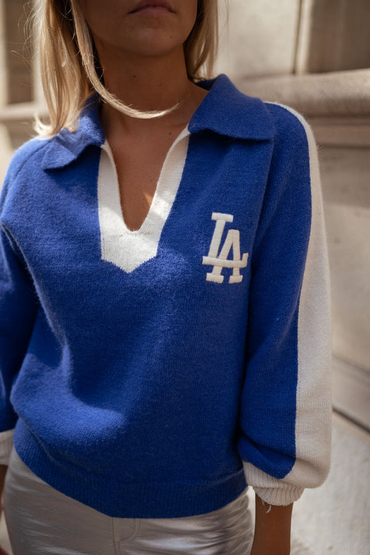 Blue and ecru polo-collar varsity sweater with LA logo