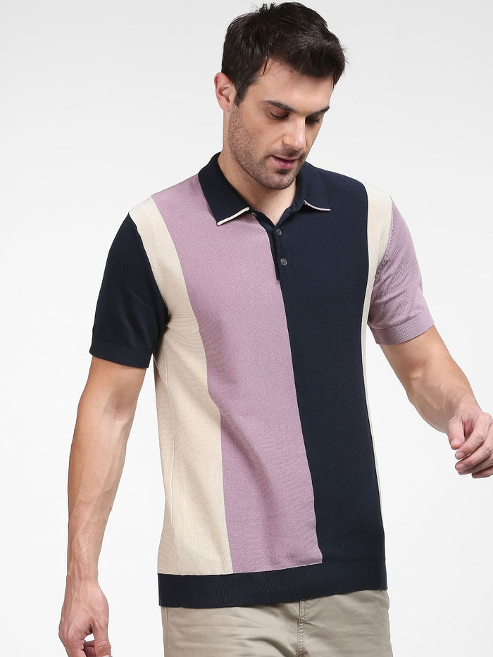 Blue Colourblocked Polo Neck T-Shirt