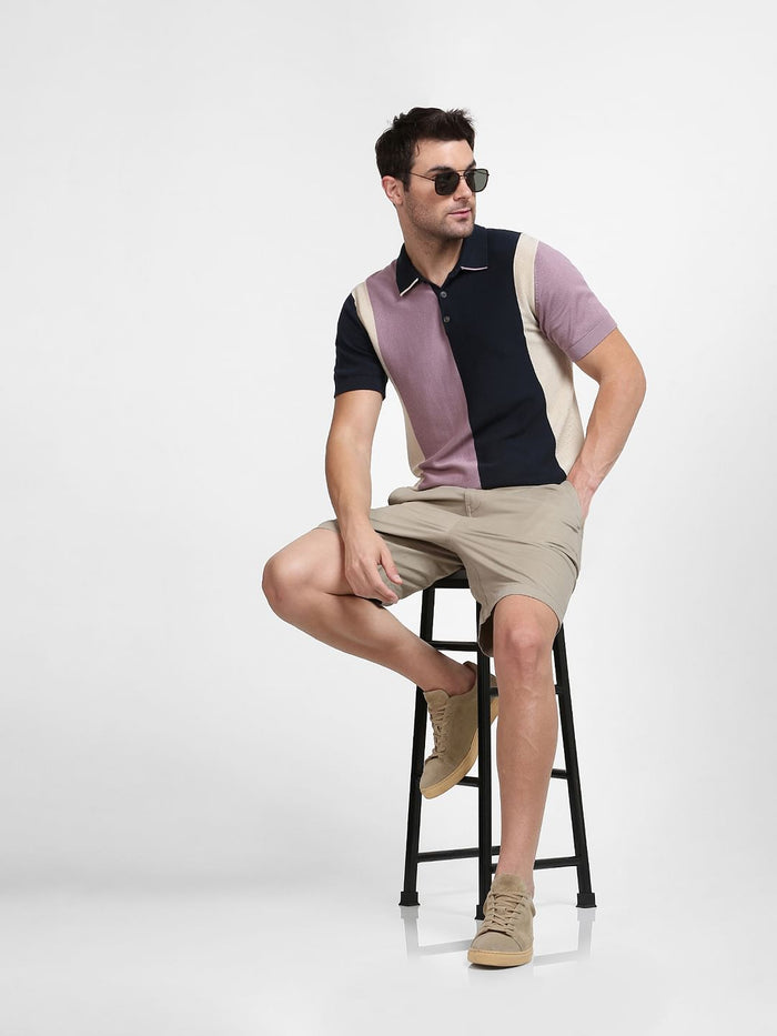 Blue Colourblocked Polo Neck T-Shirt