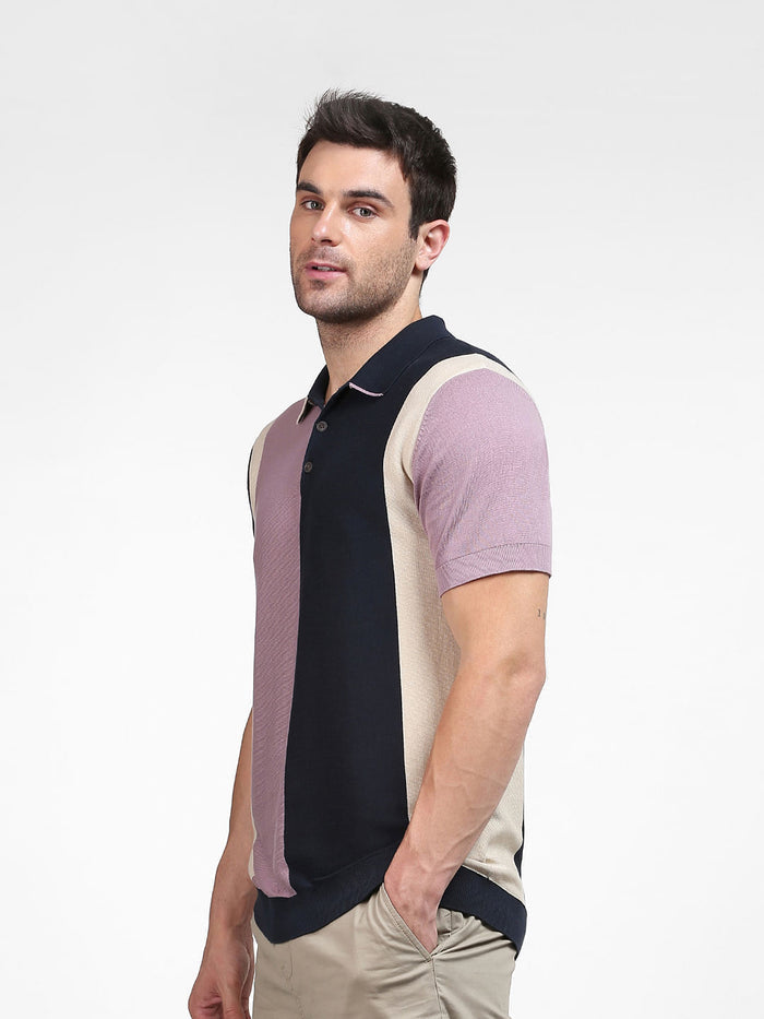 Blue Colourblocked Polo Neck T-Shirt