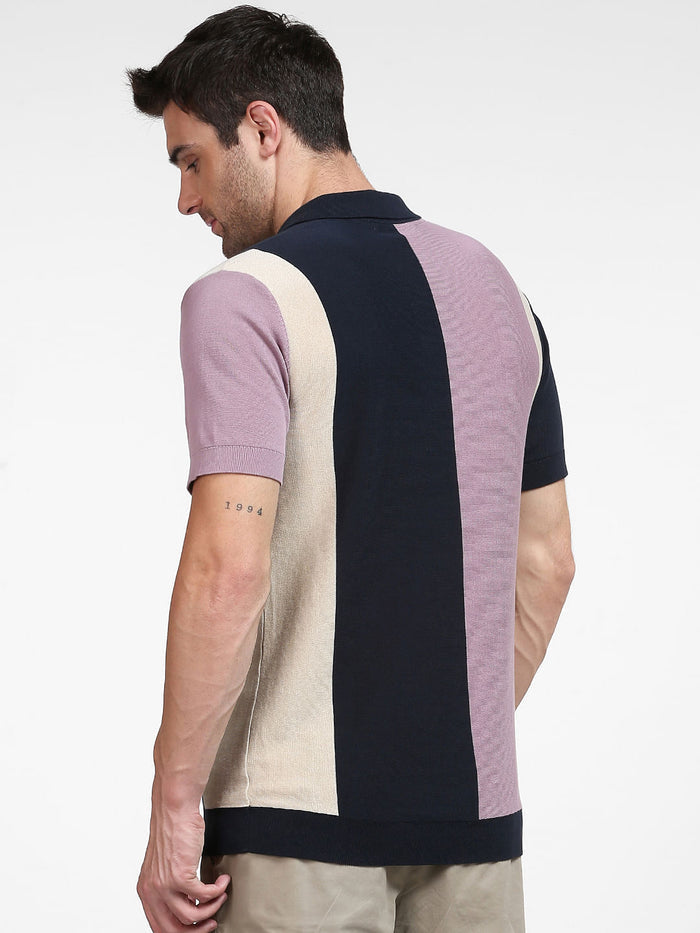 Blue Colourblocked Polo Neck T-Shirt