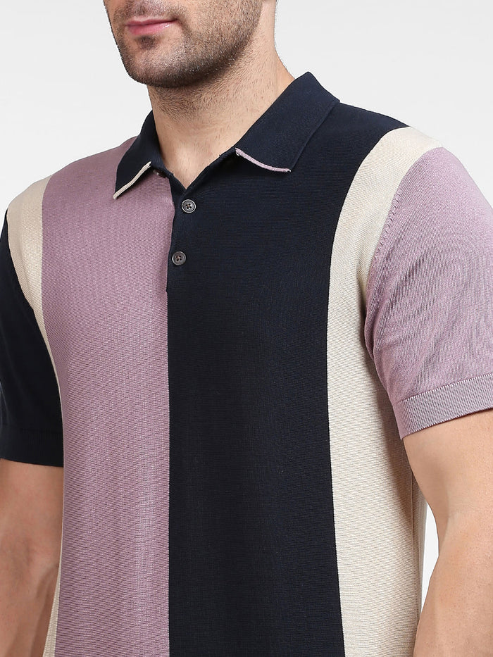 Blue Colourblocked Polo Neck T-Shirt