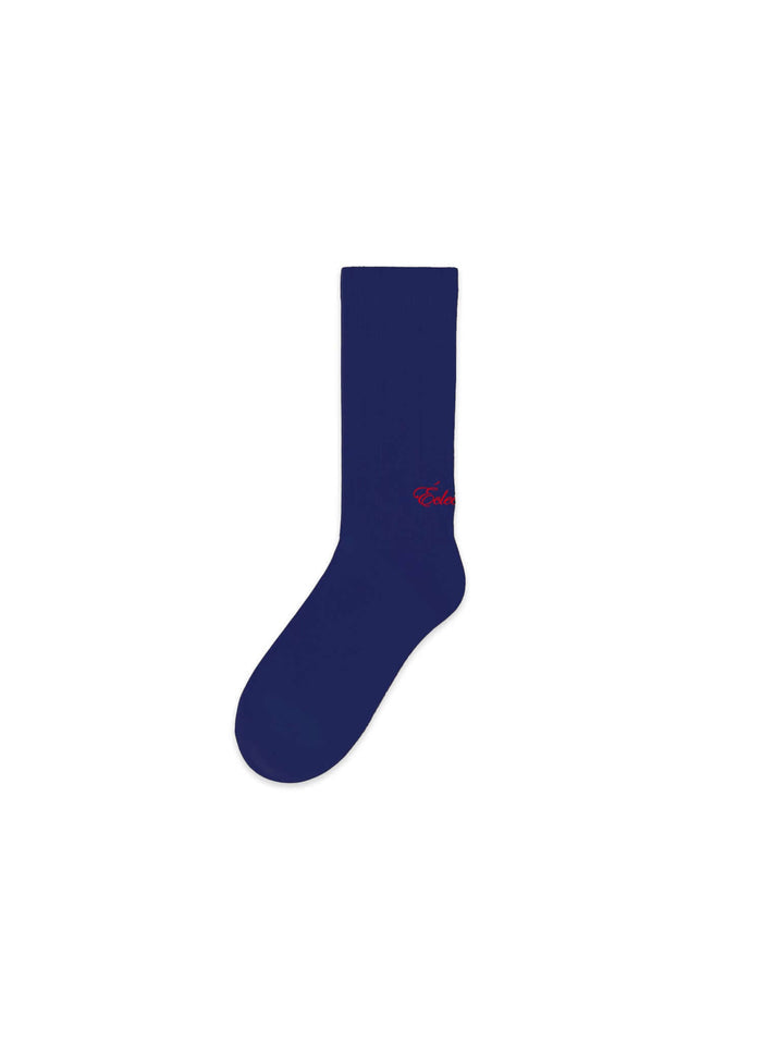 Blue crew socks in Surf The Web shade with smooth knit construction for comfortable everyday wear.