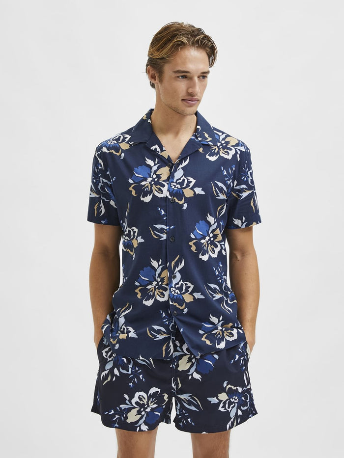 Blue Floral Cuban Collar Short Sleeves Shirt