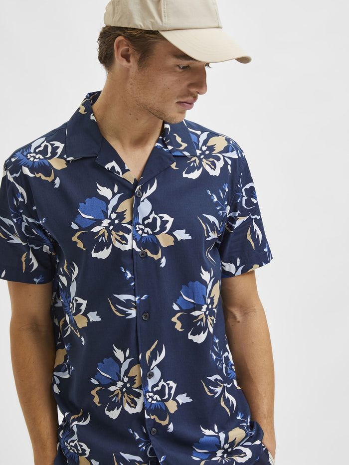Blue Floral Cuban Collar Short Sleeves Shirt