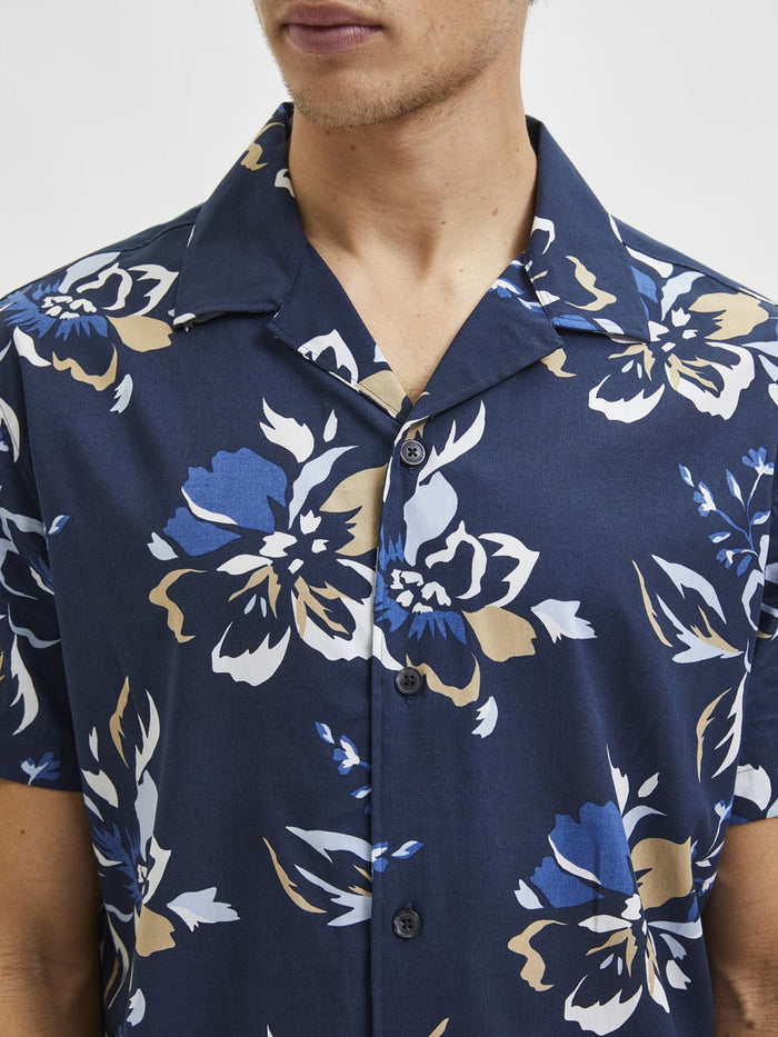 Blue Floral Cuban Collar Short Sleeves Shirt