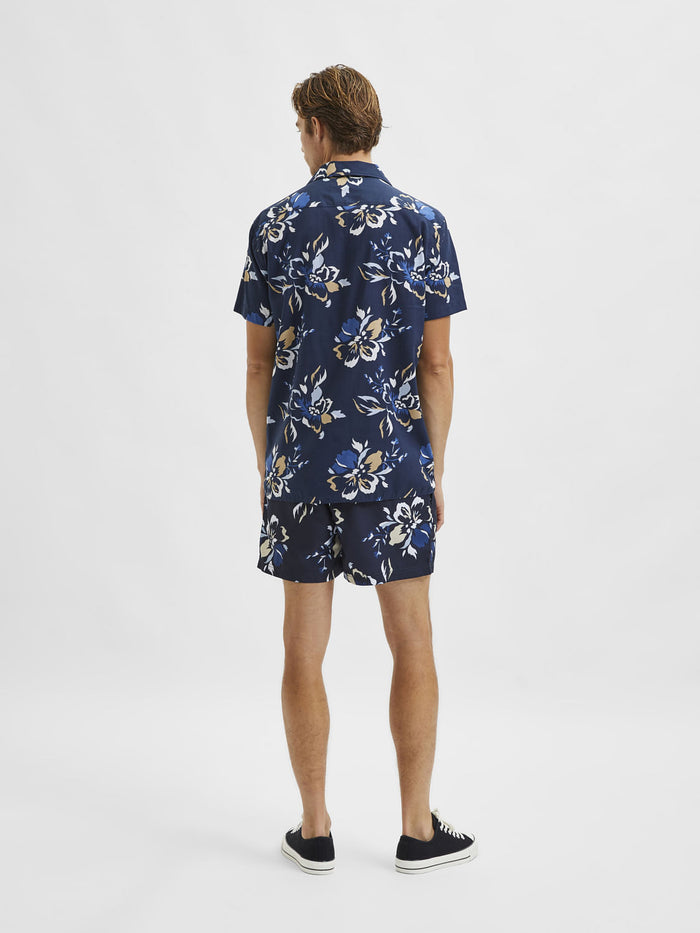 Blue Floral Cuban Collar Short Sleeves Shirt