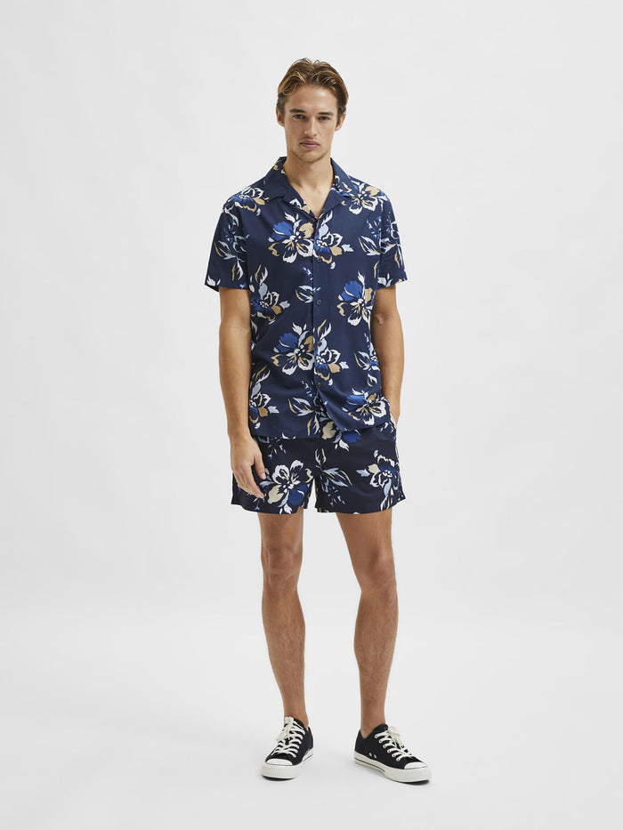 Blue Floral Cuban Collar Short Sleeves Shirt