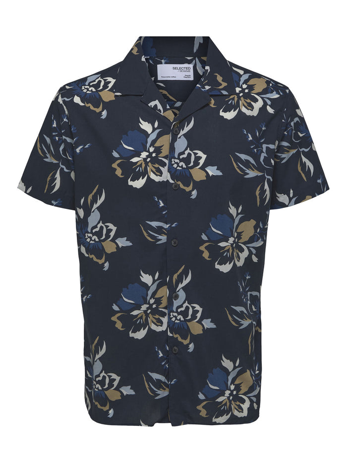 Blue Floral Cuban Collar Short Sleeves Shirt