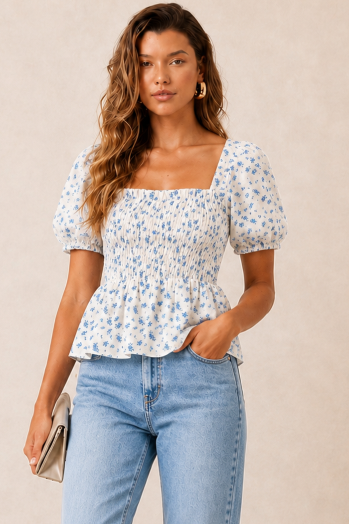 Blue Floral Shirred Top