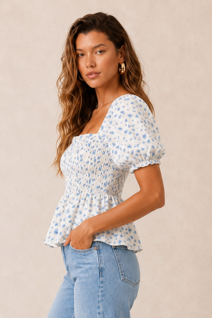 Blue Floral Shirred Top