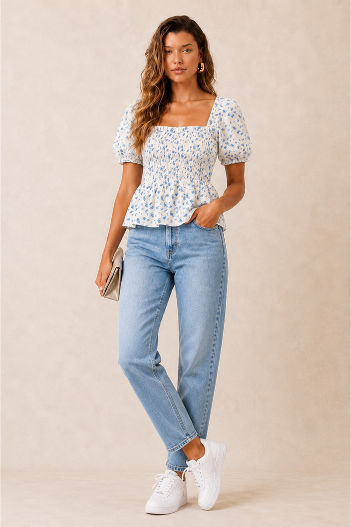 Blue Floral Shirred Top