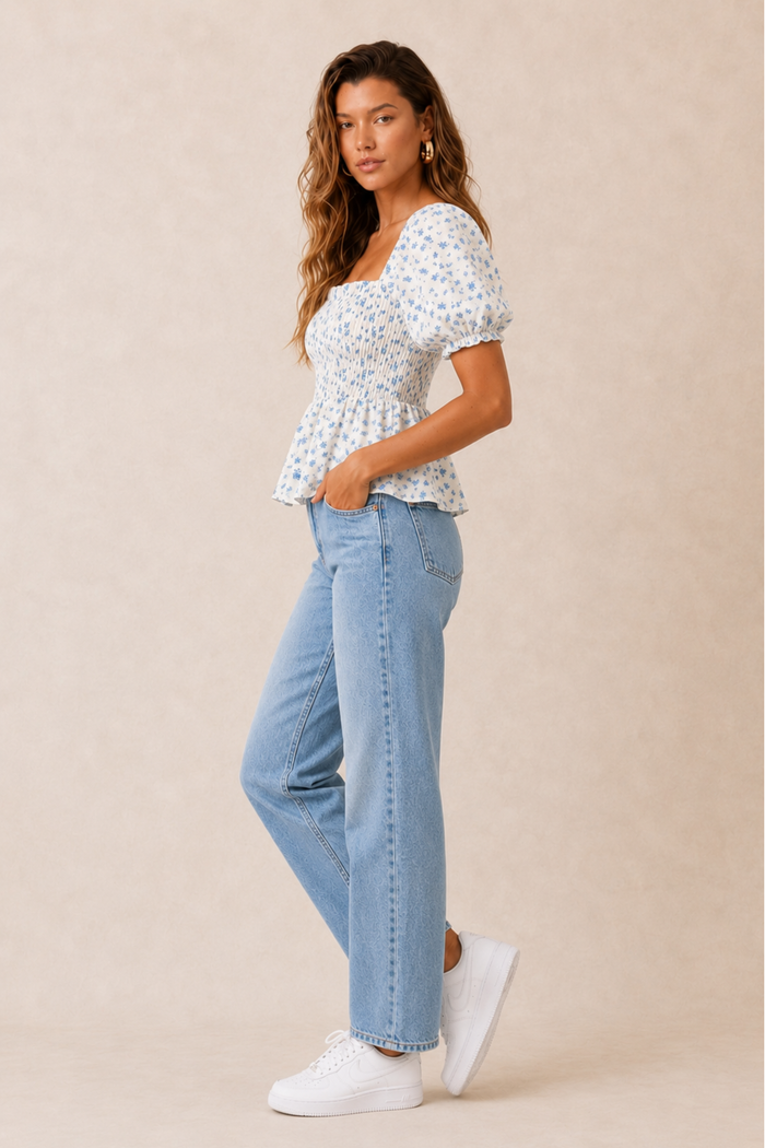Blue Floral Shirred Top